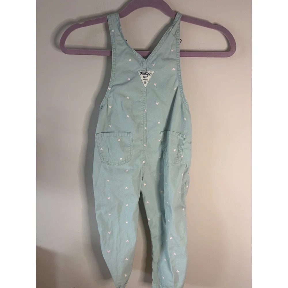 OshKosh Bgosh Kids Light Blue Pink Heart‎ Print Vestbak Bib Overalls